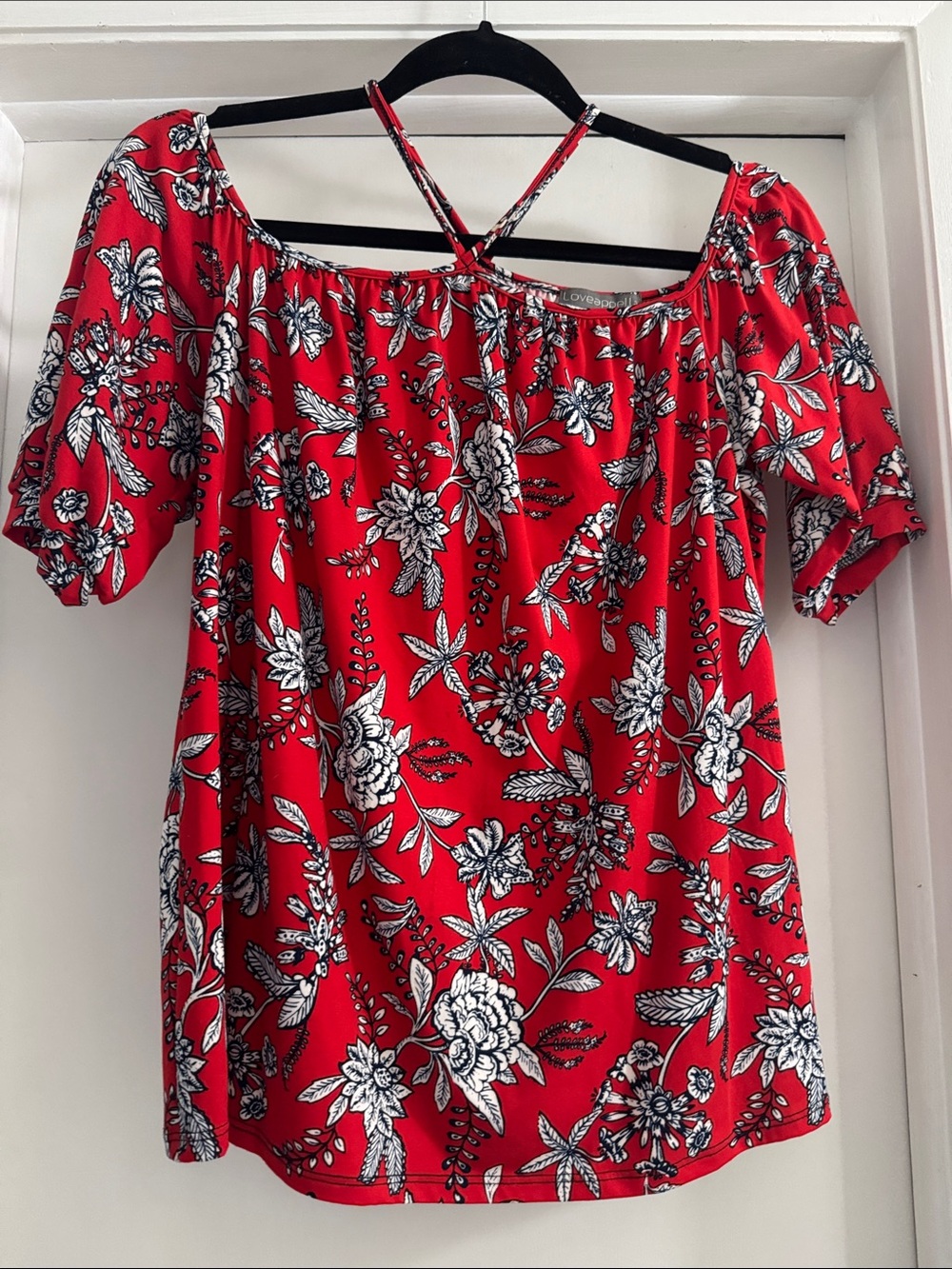 Loveappella Red Floral Off-Shoulder Tunic with Crisscross Straps